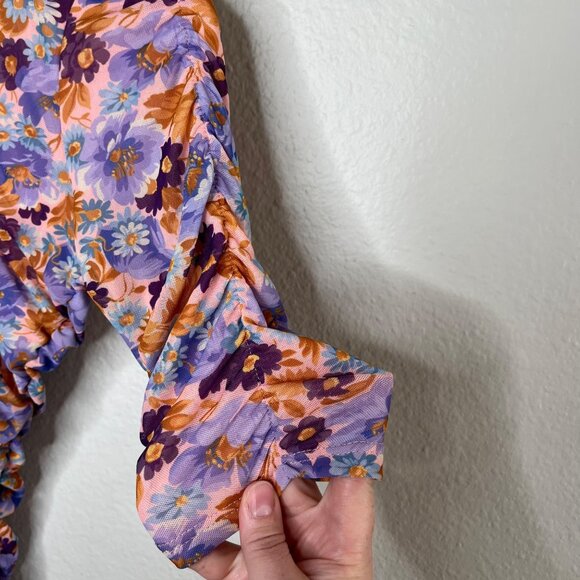 Zara Floral Ruched Bodycon Spring Cocktail Mid Sleeve Midi Dress Medium - Picture 4 of 9